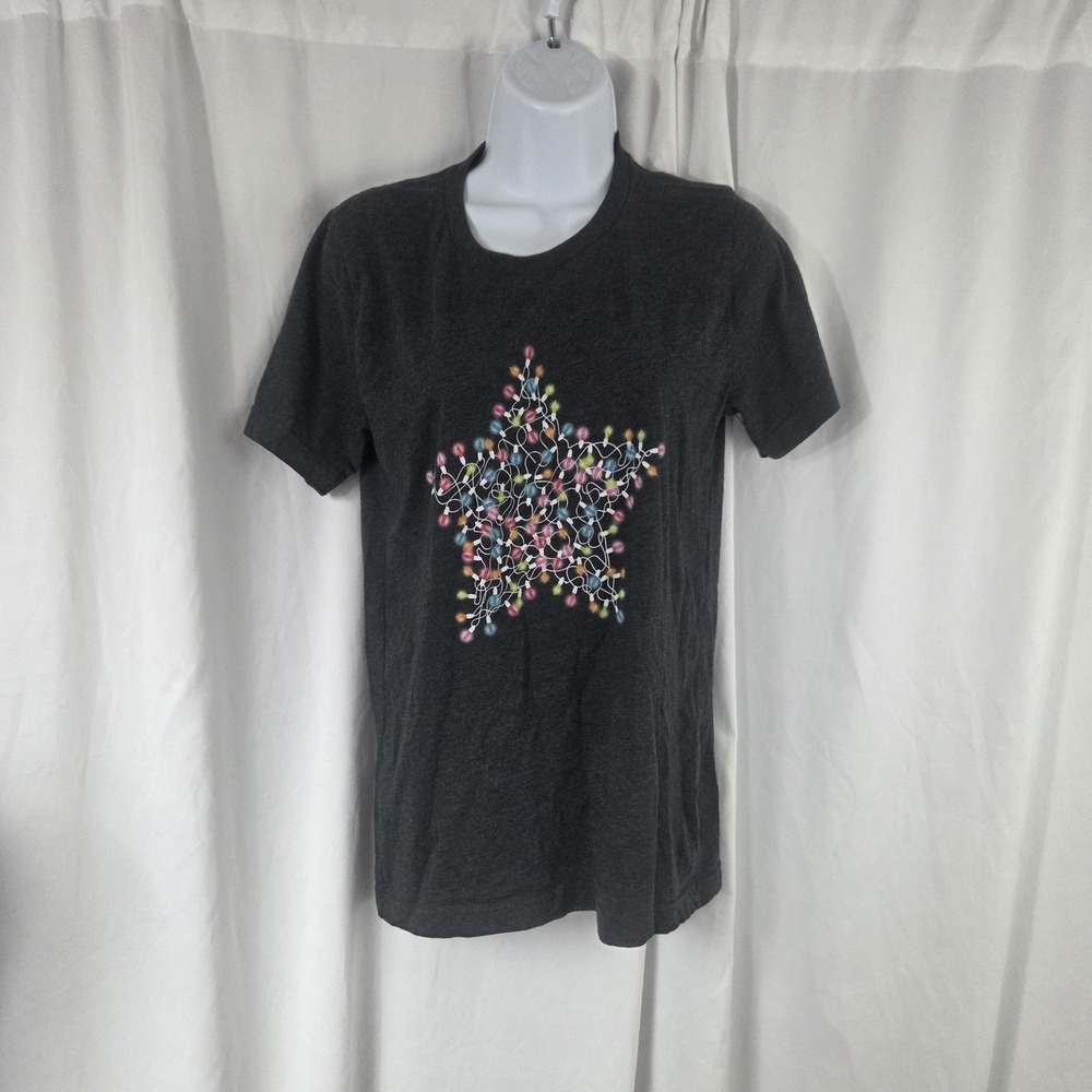 Looptyloo Designs Shirt Womens Small Gray Star Christmas Lights Graphic Tee Top